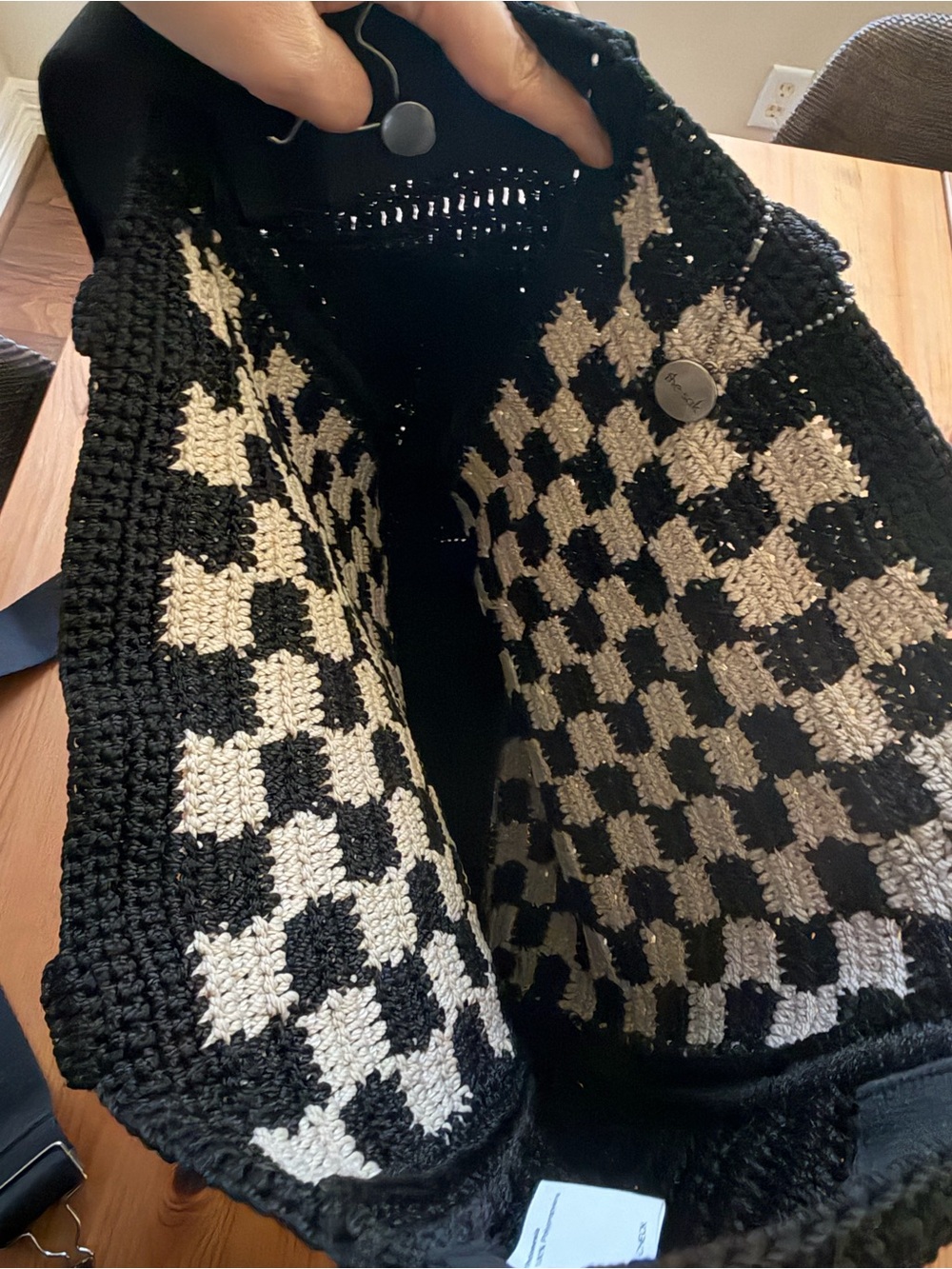 The Sak Lanie Market Tote Bag Black & Cream Crochet Checkered Checkerboard - Picture 5 of 6